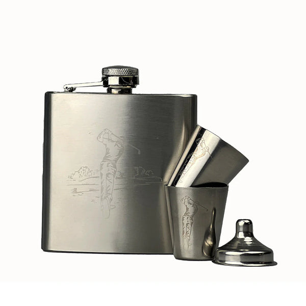 Silver Golf Hip Flask Set (Wooden Box)