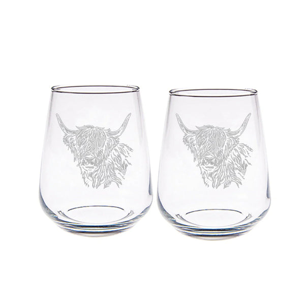2 Stemless Glasses - Highland Cow (Boxed)